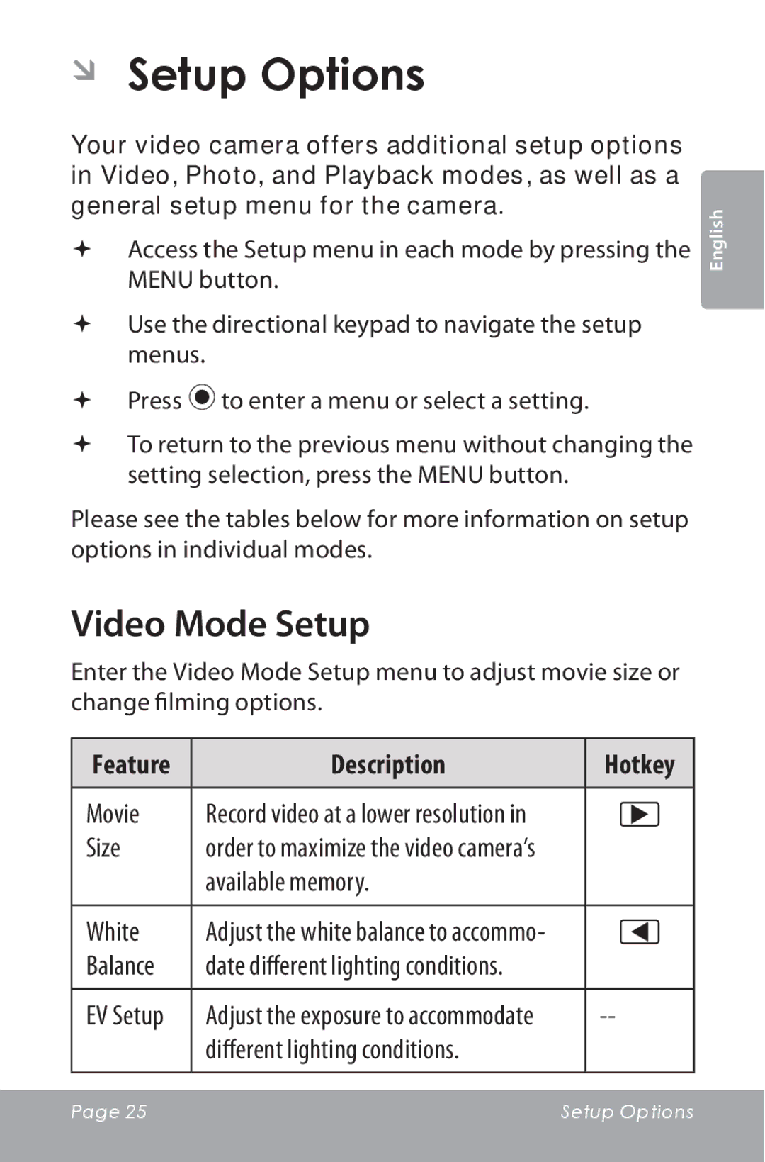 COBY electronic CAM5000 instruction manual ÂÂ Setup Options, Video Mode Setup 