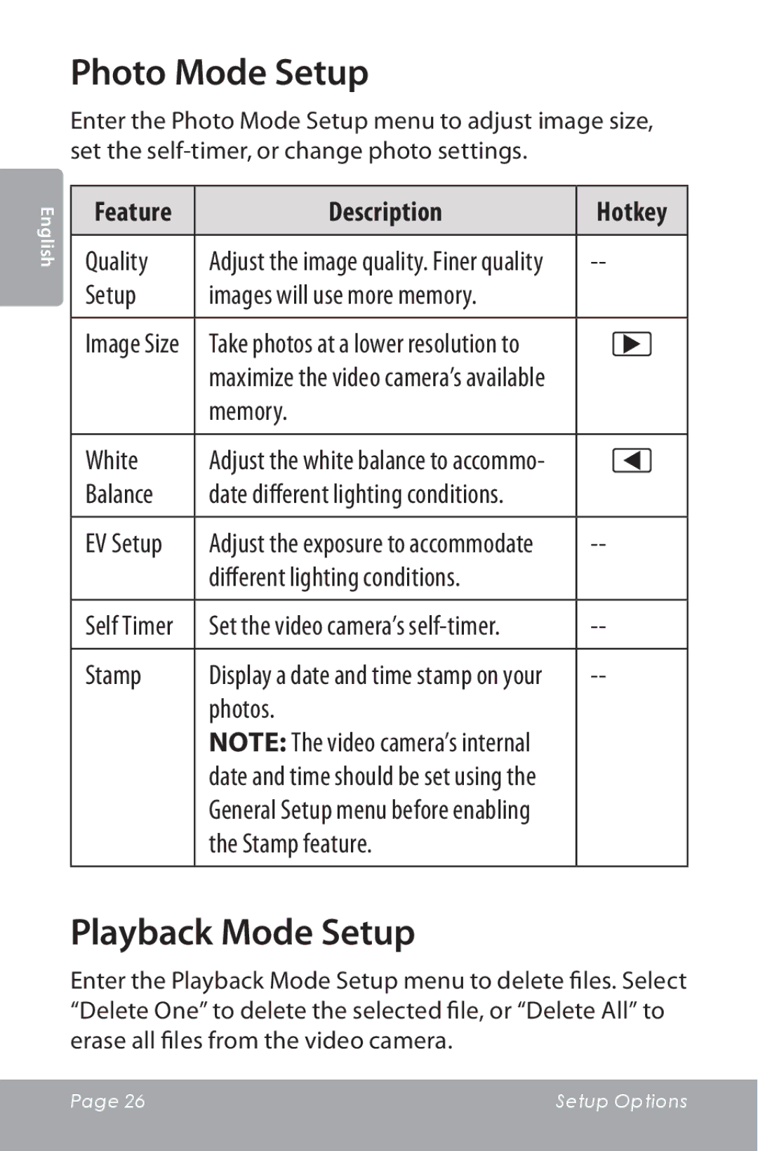 COBY electronic CAM5000 instruction manual Photo Mode Setup, Playback Mode Setup 