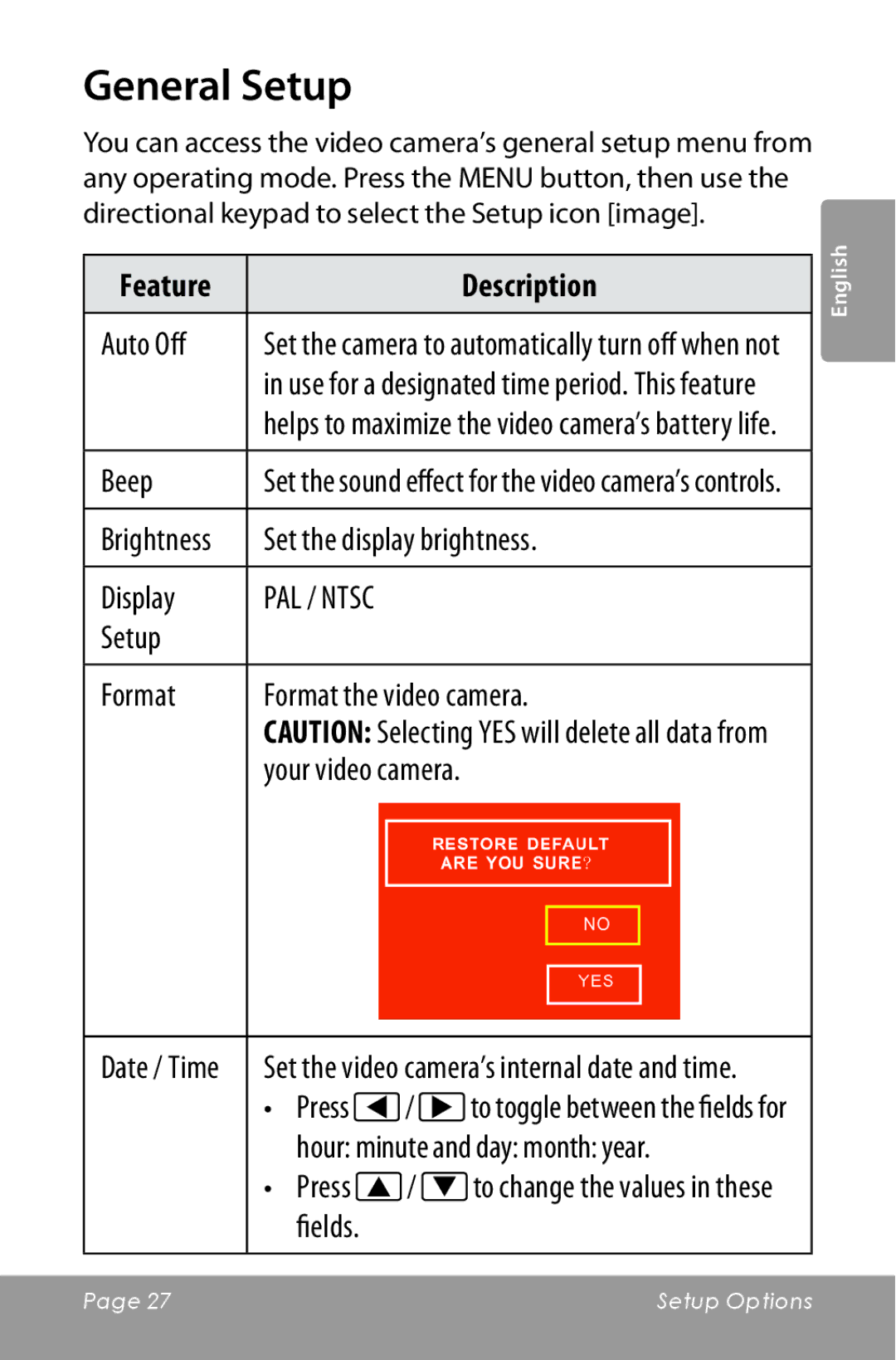 COBY electronic CAM5000 instruction manual General Setup 