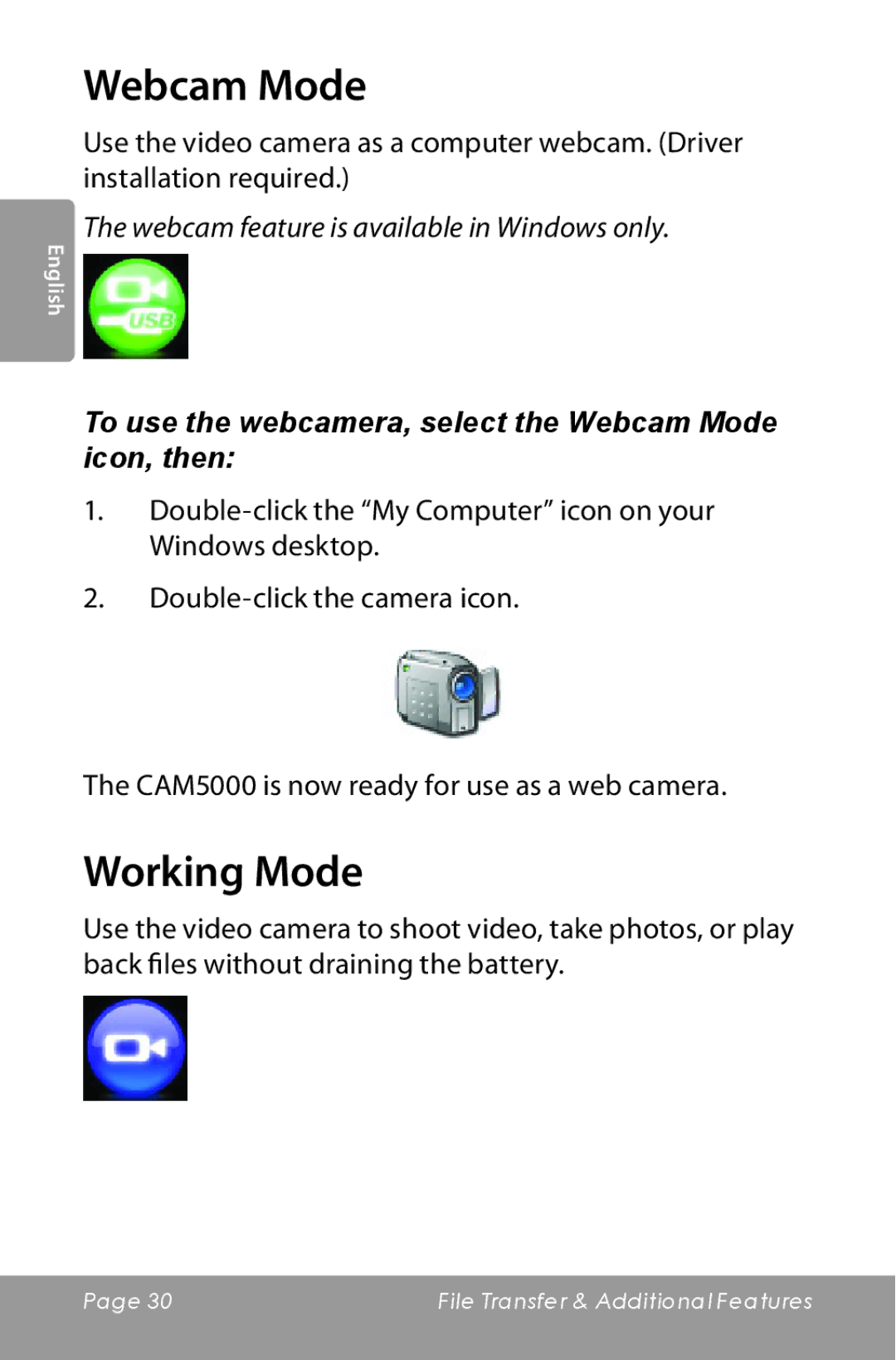 COBY electronic CAM5000 instruction manual Webcam Mode, Working Mode 