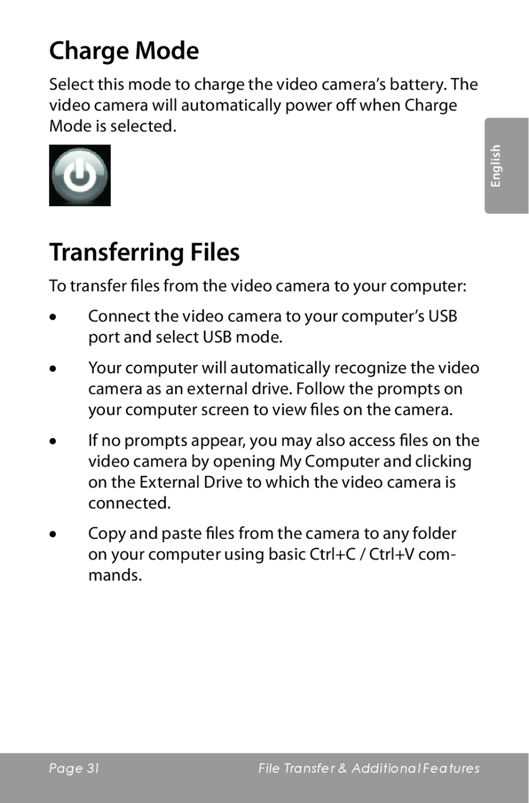 COBY electronic CAM5000 instruction manual Charge Mode, Transferring Files 