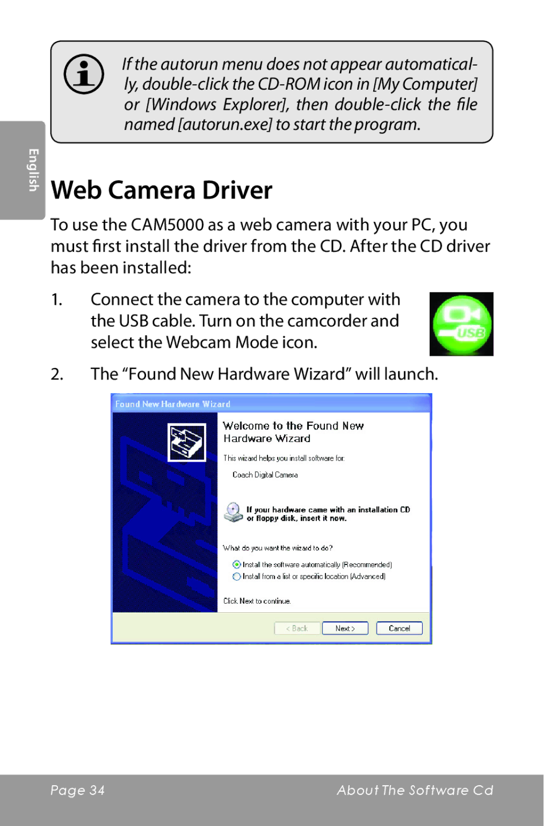 COBY electronic CAM5000 instruction manual Web Camera Driver, Found New Hardware Wizard will launch 
