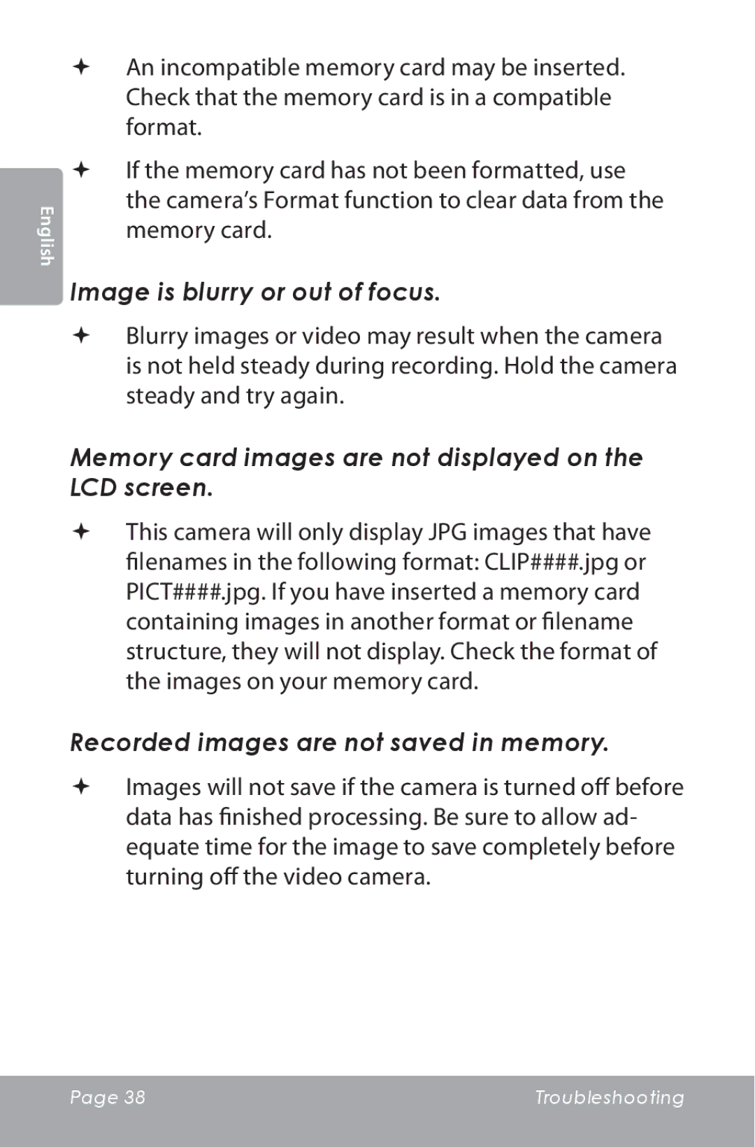 COBY electronic CAM5000 Image is blurry or out of focus, Memory card images are not displayed on the LCD screen 