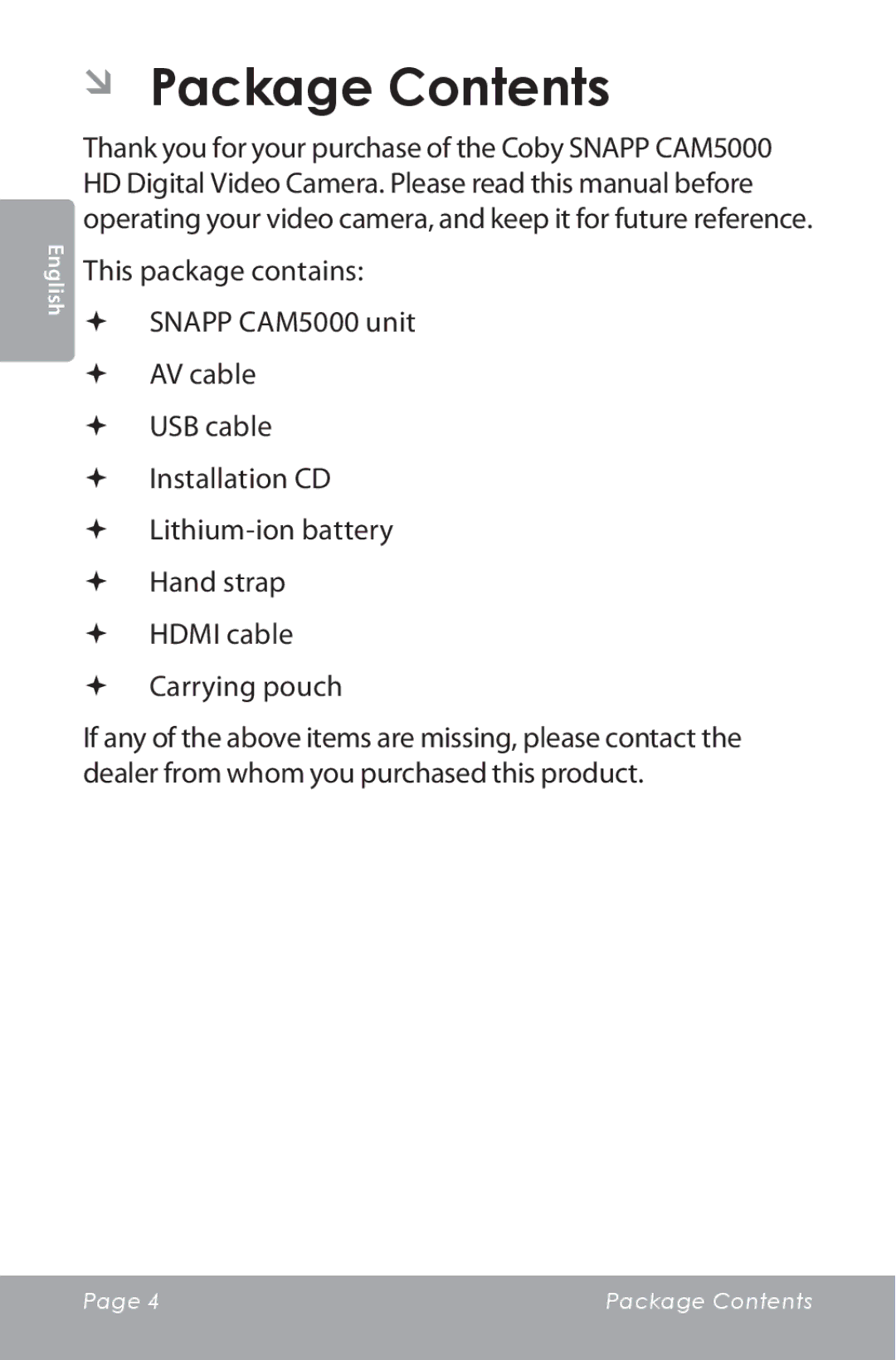 COBY electronic CAM5000 instruction manual ÂÂ Package Contents 