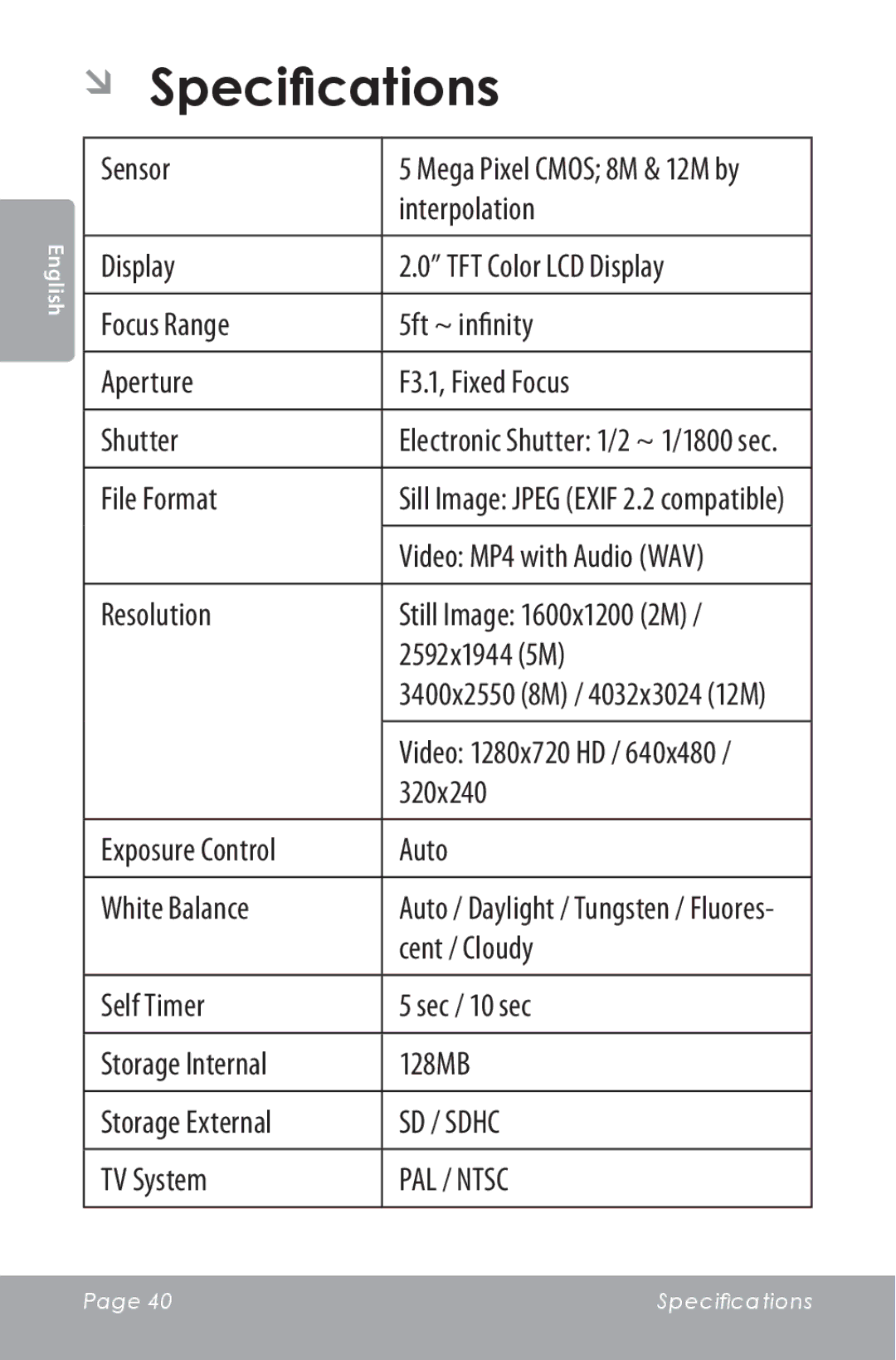 COBY electronic CAM5000 instruction manual ÂÂ Specifications 