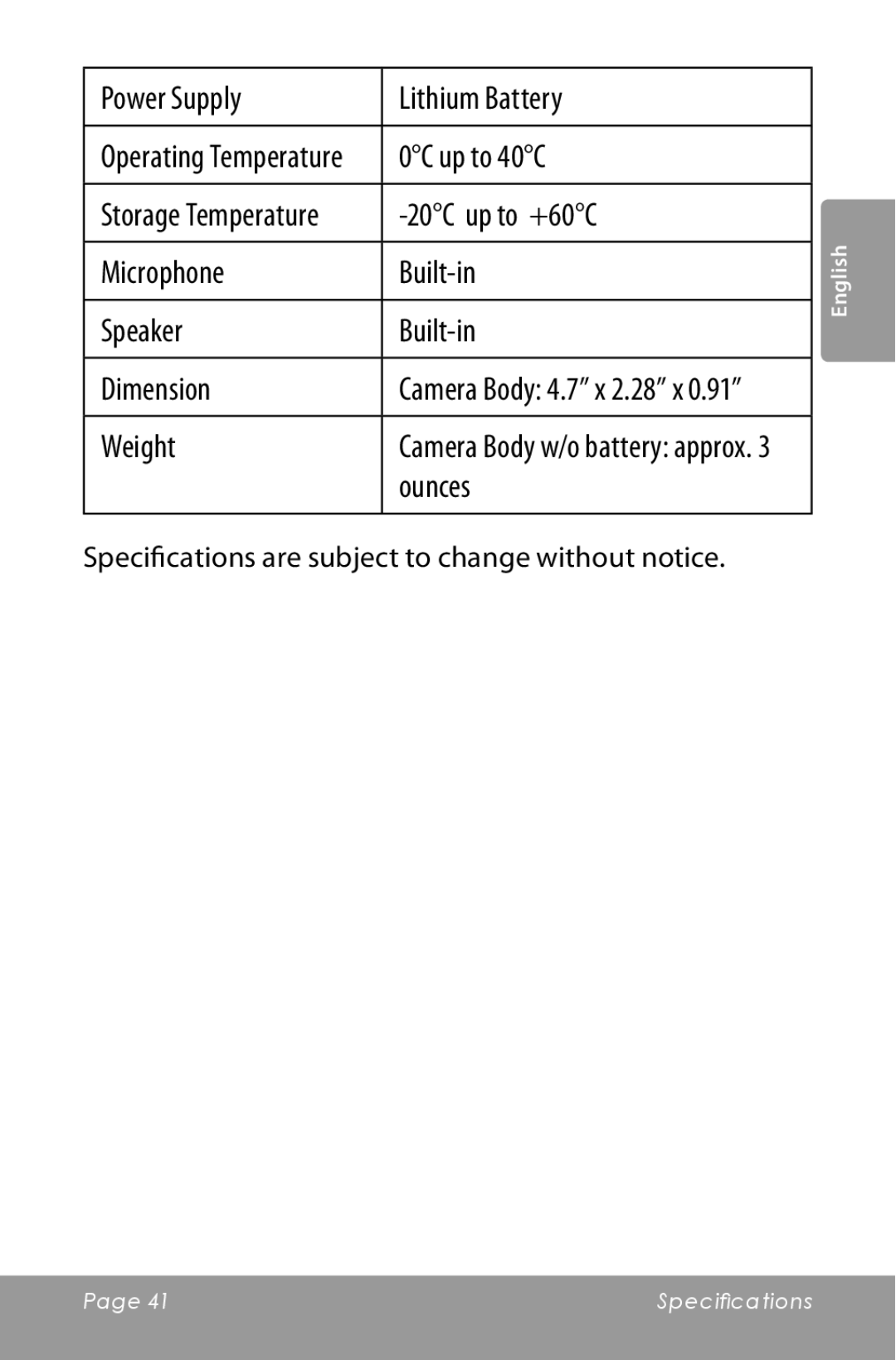 COBY electronic CAM5000 Power Supply Lithium Battery, 0C up to 40C, 20C up to +60C, Microphone Built-in Speaker Dimension 