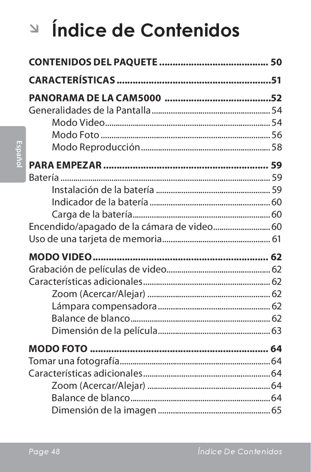 COBY electronic CAM5000 instruction manual ÂÂ Índice de Contenidos, Contenidos del Paquete Características 