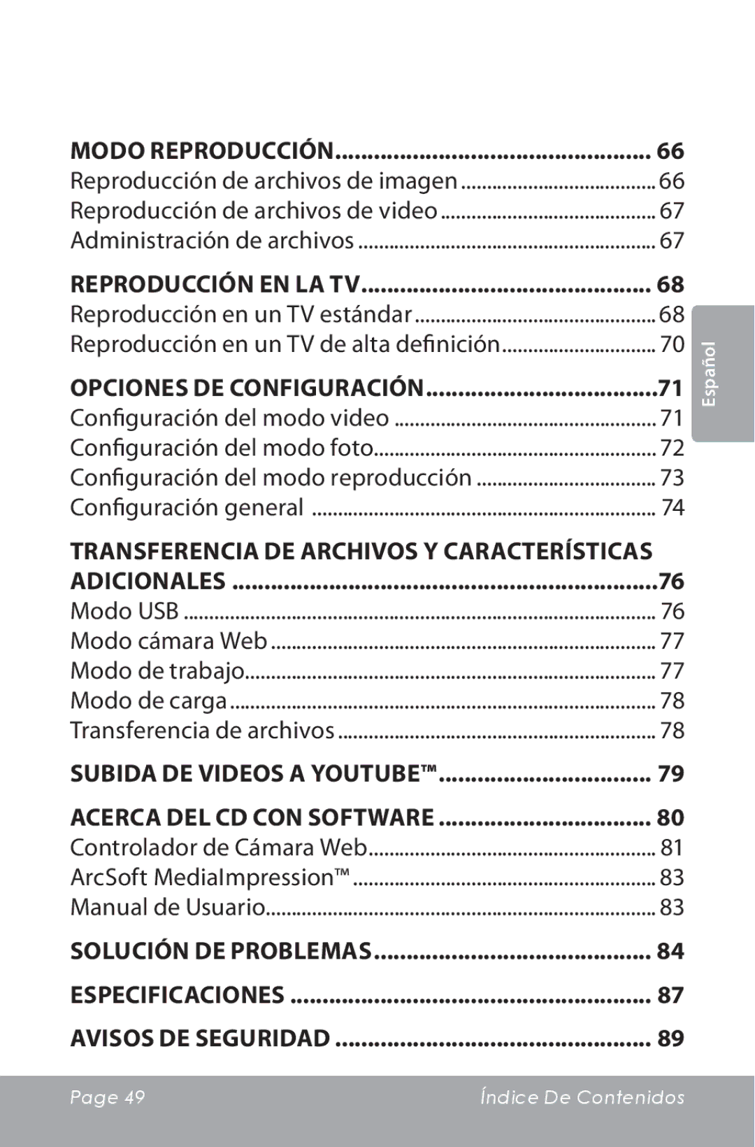 COBY electronic CAM5000 instruction manual Transferencia de Archivos y Características 