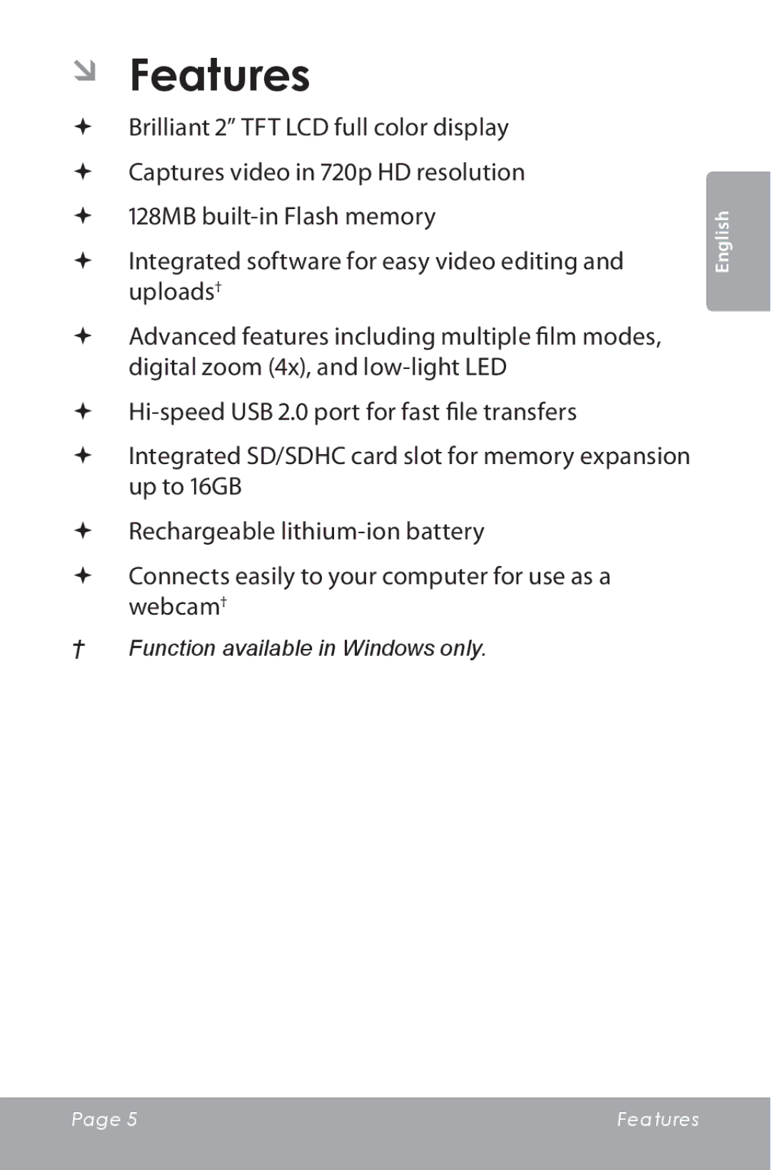 COBY electronic CAM5000 instruction manual ÂÂ Features 