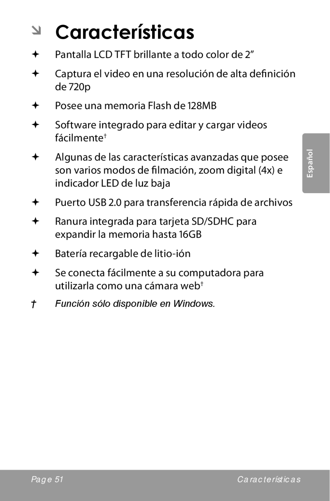 COBY electronic CAM5000 instruction manual ÂÂ Características 