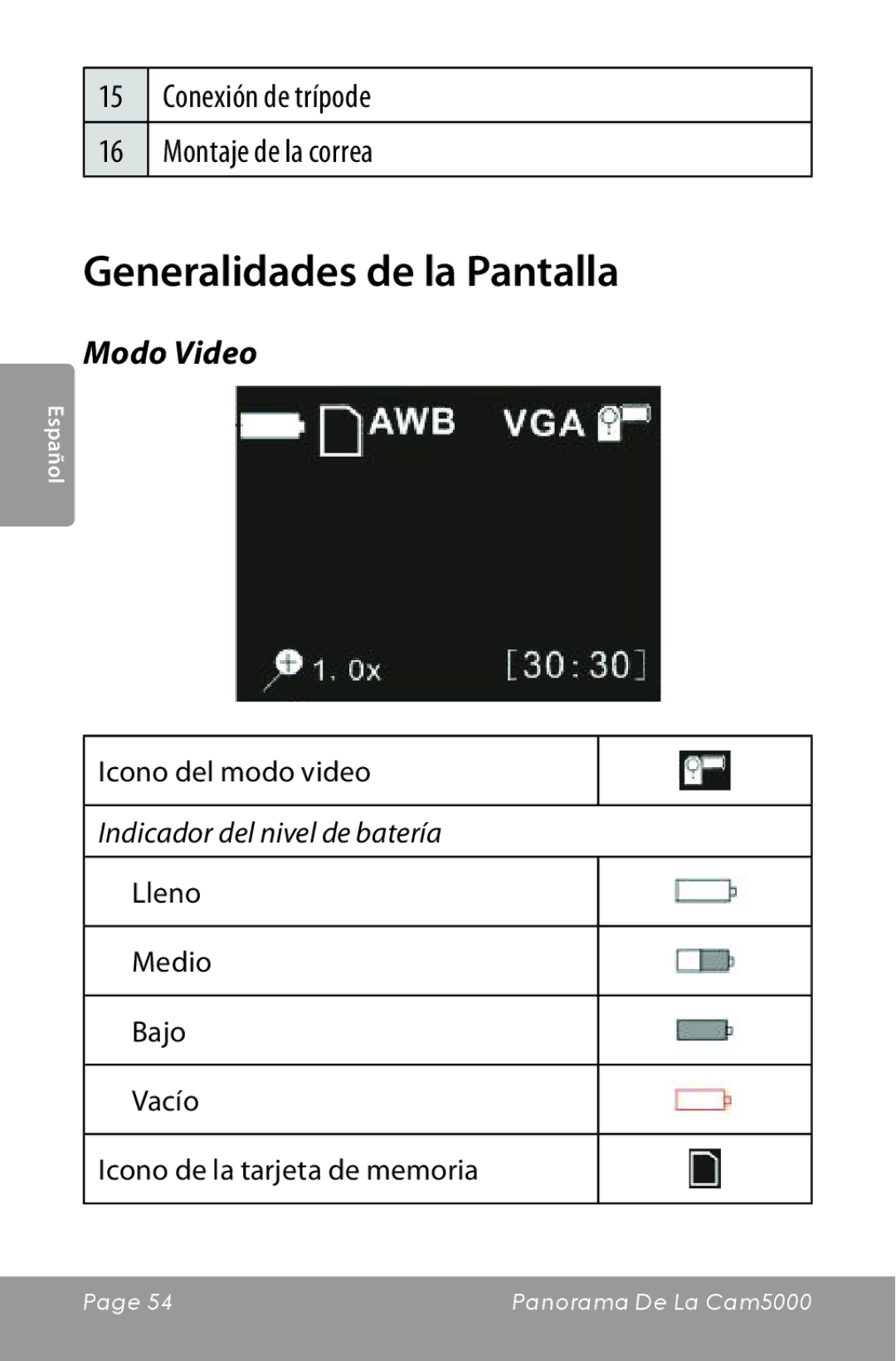 COBY electronic CAM5000 Generalidades de la Pantalla, Conexión de trípode Montaje de la correa, Modo Video 