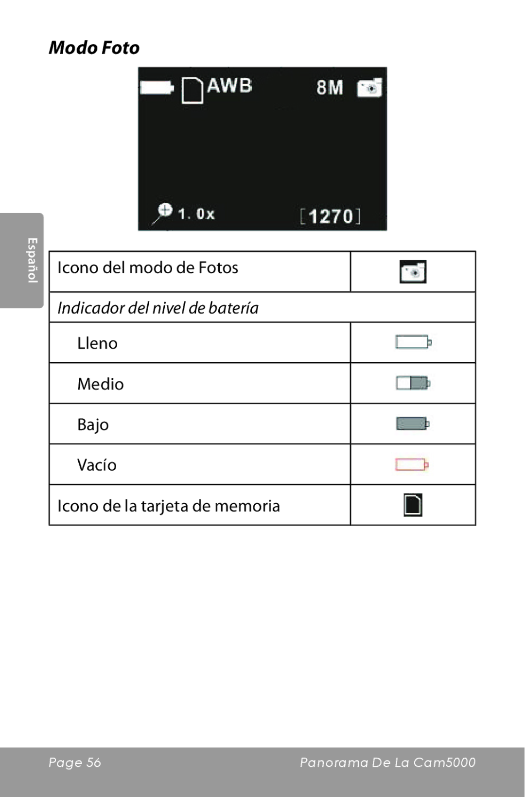 COBY electronic CAM5000 instruction manual Modo Foto, Icono del modo de Fotos 