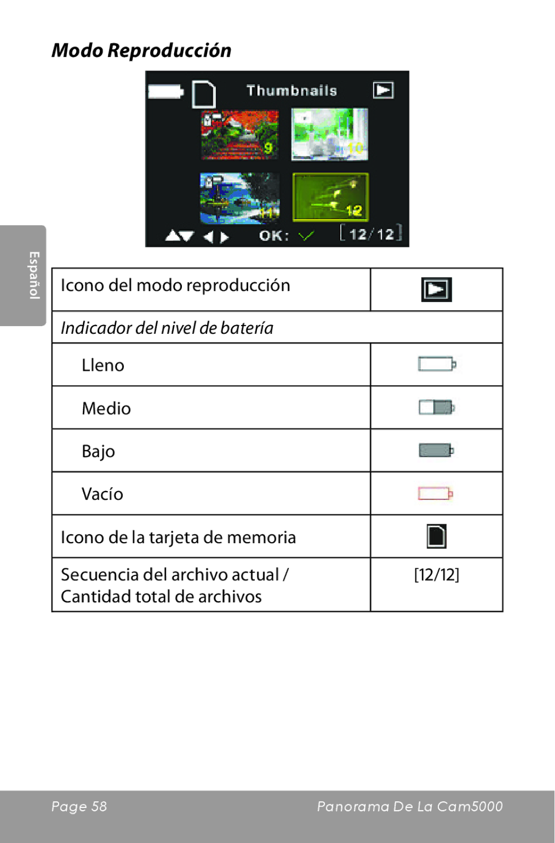 COBY electronic CAM5000 instruction manual Modo Reproducción, Icono del modo reproducción 