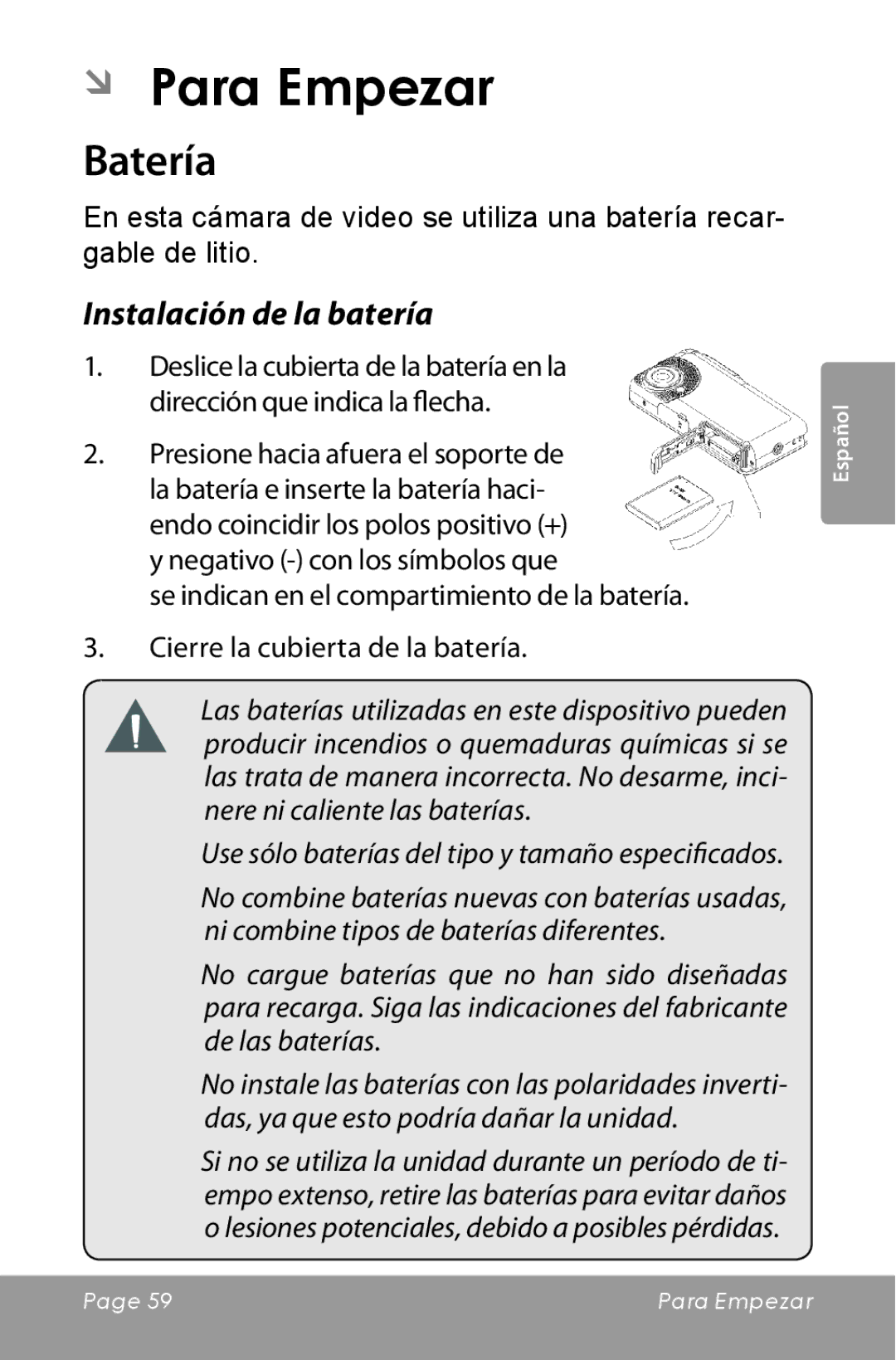 COBY electronic CAM5000 instruction manual ÂÂ Para Empezar, Batería, Instalación de la batería 