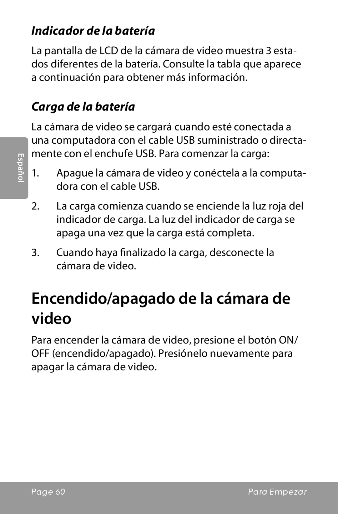 COBY electronic CAM5000 Encendido/apagado de la cámara de video, Indicador de la batería, Carga de la batería 