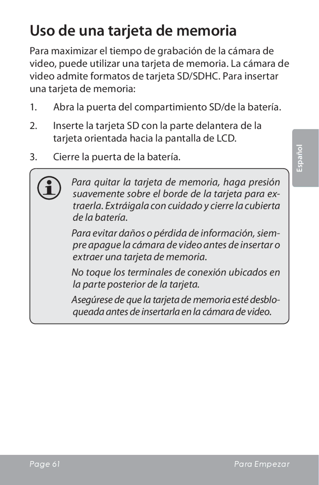 COBY electronic CAM5000 instruction manual Uso de una tarjeta de memoria, Cierre la puerta de la batería 