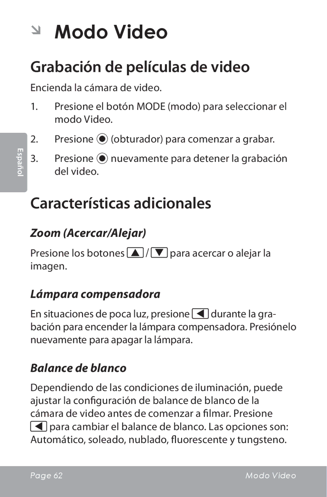 COBY electronic CAM5000 instruction manual ÂÂ Modo Video, Grabación de películas de video, Características adicionales 