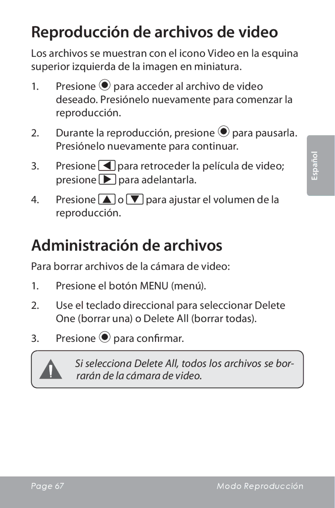 COBY electronic CAM5000 instruction manual Administración de archivos, Presione para confirmar 