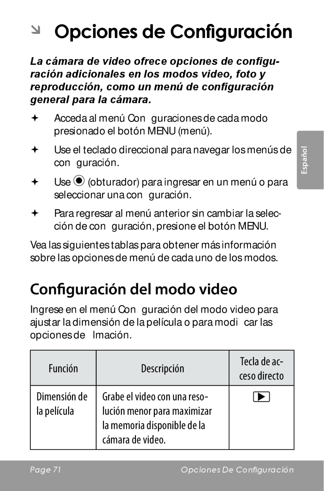 COBY electronic CAM5000 ÂÂ Opciones de Configuración, Configuración del modo video, Función Descripción, La película 