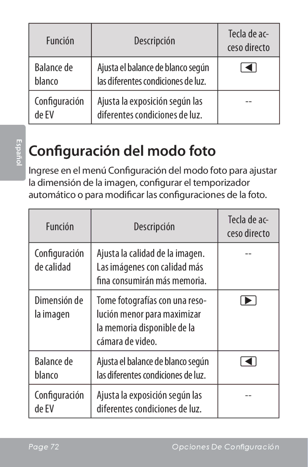 COBY electronic CAM5000 instruction manual Configuración del modo foto, Blanco, De EV, De calidad, La imagen 