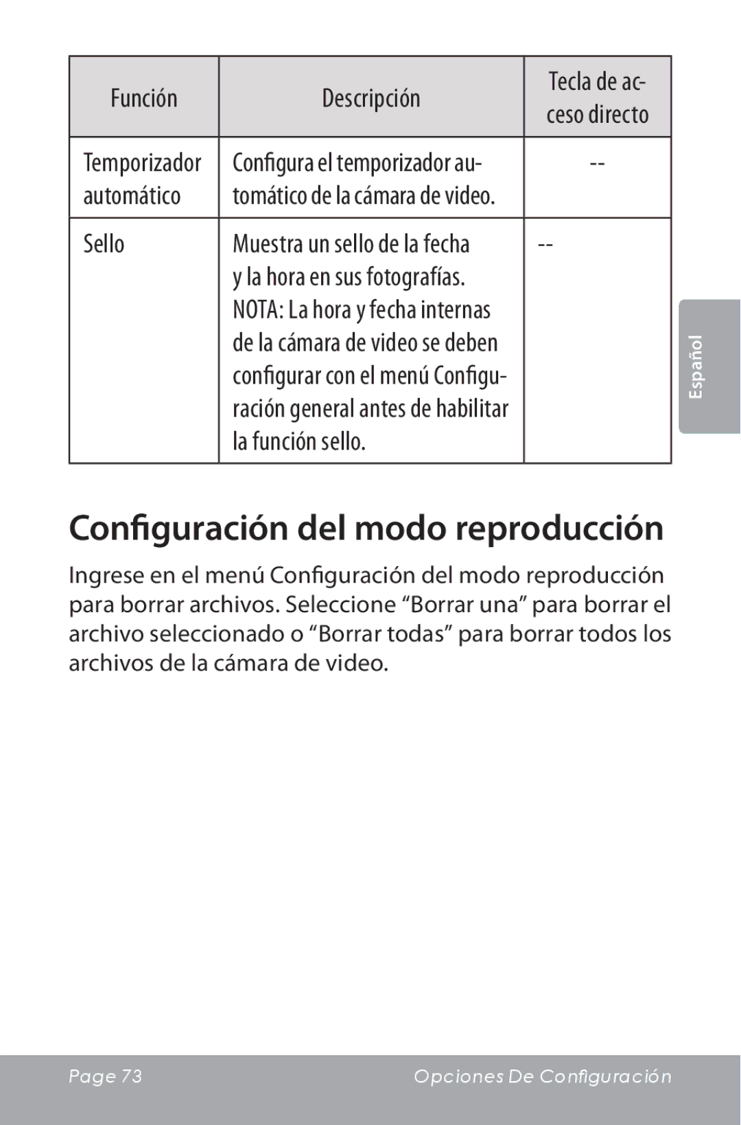 COBY electronic CAM5000 instruction manual Configuración del modo reproducción, Sello, La función sello, Automático 