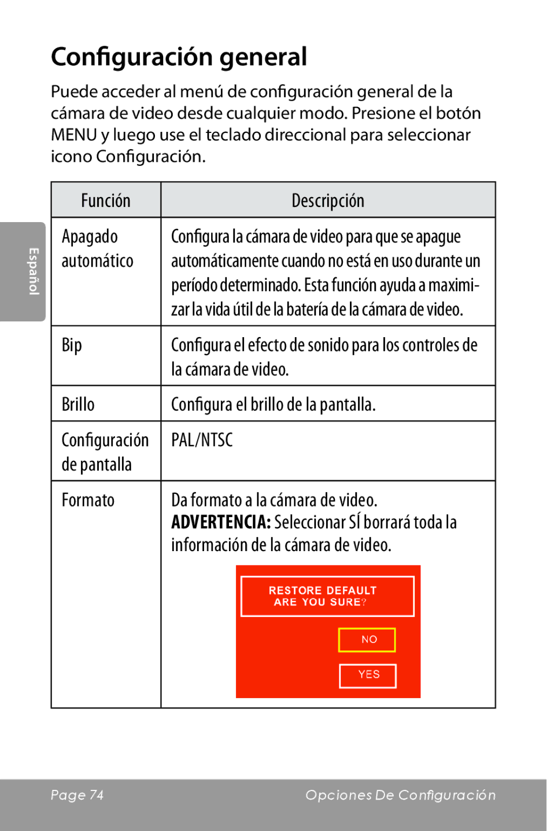 COBY electronic CAM5000 instruction manual Configuración general 