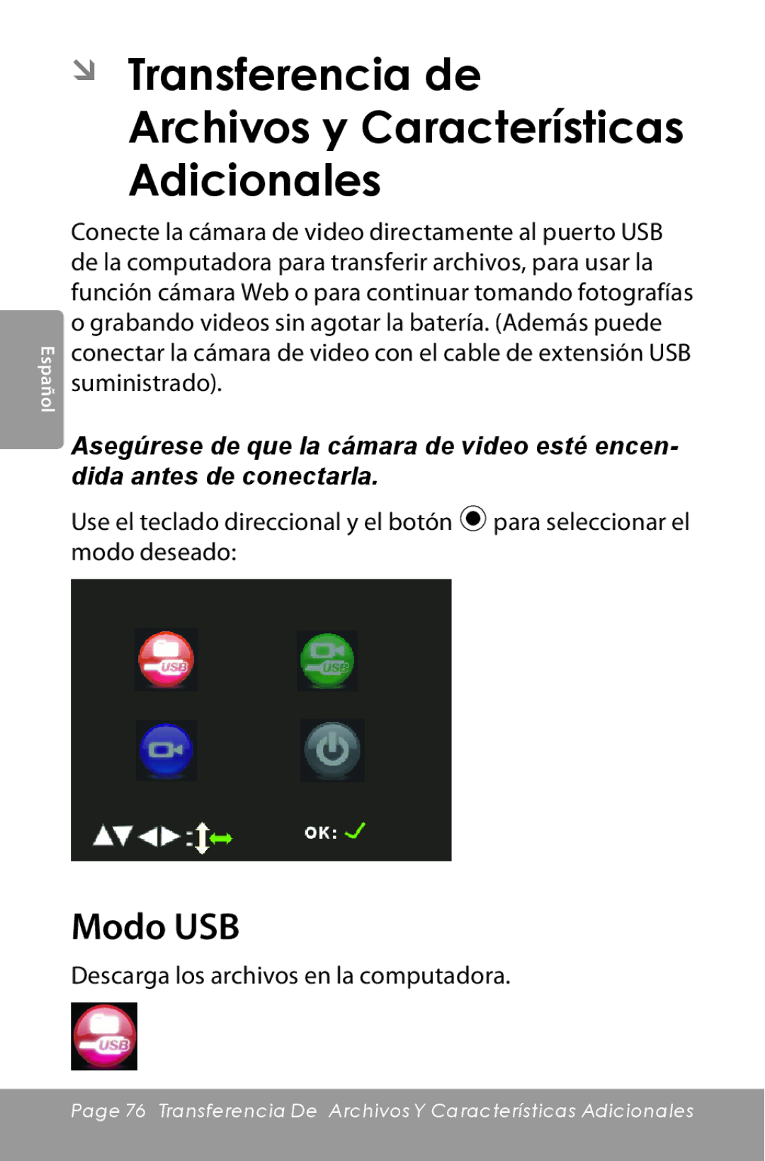 COBY electronic CAM5000 instruction manual ÂÂ Transferencia de, Modo USB, Descarga los archivos en la computadora 