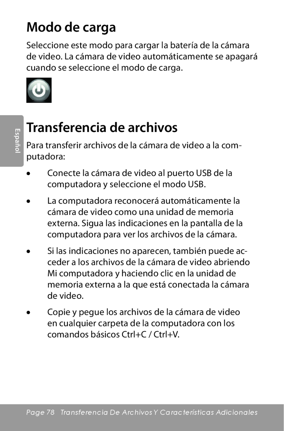 COBY electronic CAM5000 instruction manual Modo de carga, Transferencia de archivos 