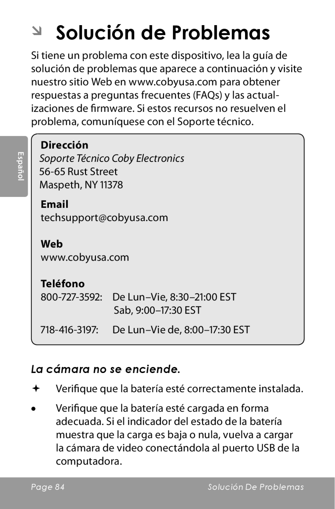 COBY electronic CAM5000 instruction manual ÂÂ Solución de Problemas, Rust Street Maspeth, NY Techsupport@cobyusa.com 