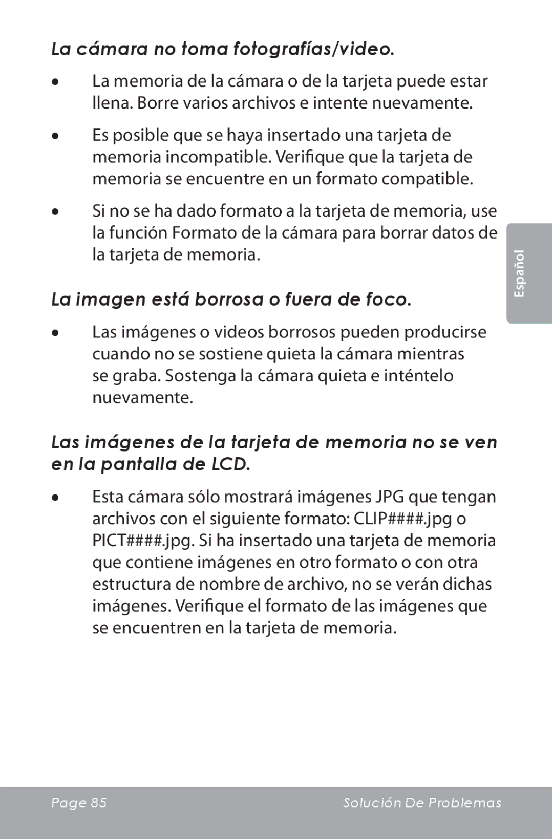 COBY electronic CAM5000 instruction manual La cámara no toma fotografías/video, La imagen está borrosa o fuera de foco 