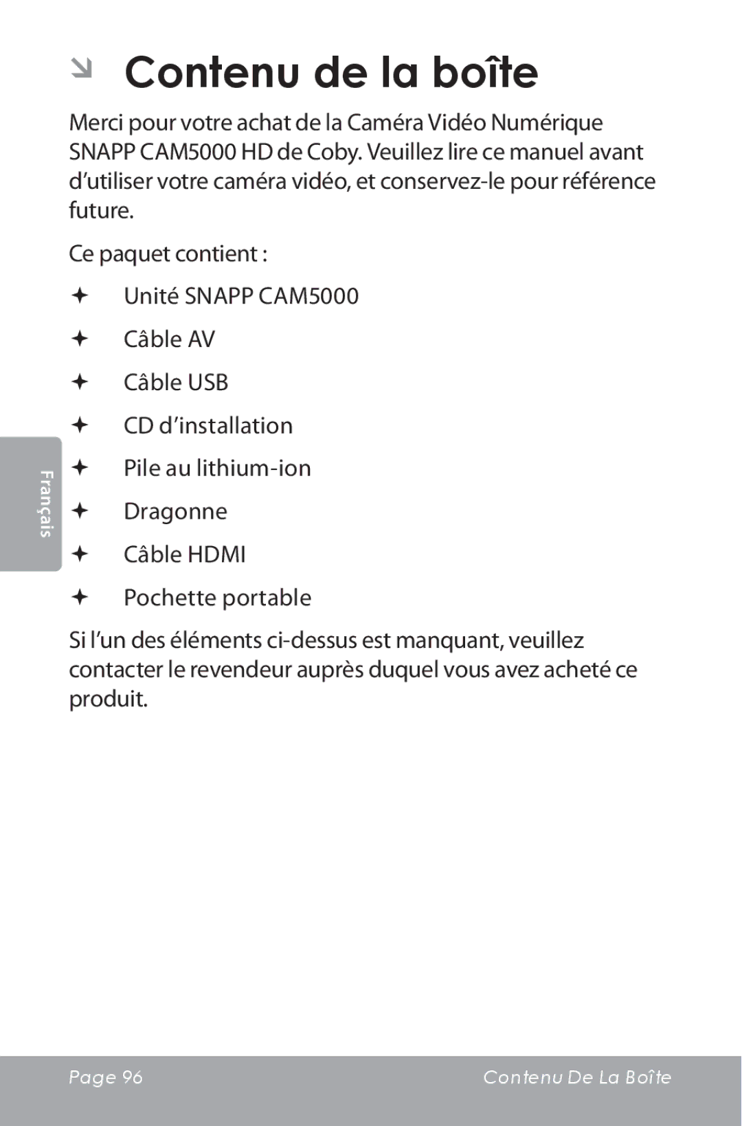 COBY electronic CAM5000 instruction manual ÂÂ Contenu de la boîte 