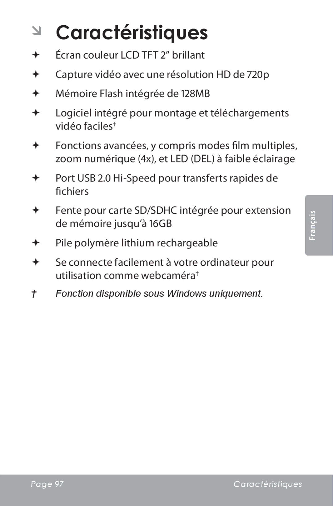 COBY electronic CAM5000 instruction manual ÂÂ Caractéristiques 