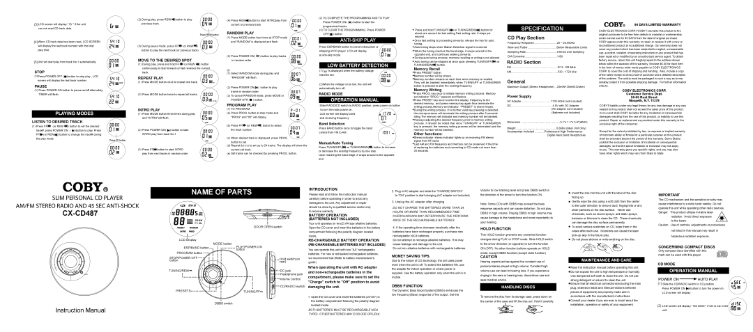 COBY electronic CD player instruction manual Random Play, Stop, Pause, Listen to Desired Track, Move to the Desired Spot 