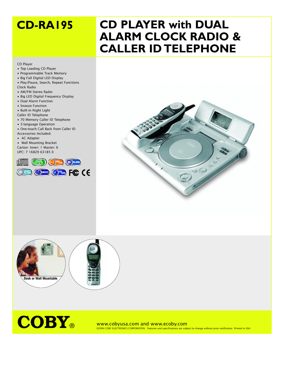COBY electronic CD-RA195 specifications Coby, CD PLAYER with DUAL, Alarm Clock Radio, Caller Id Telephone 
