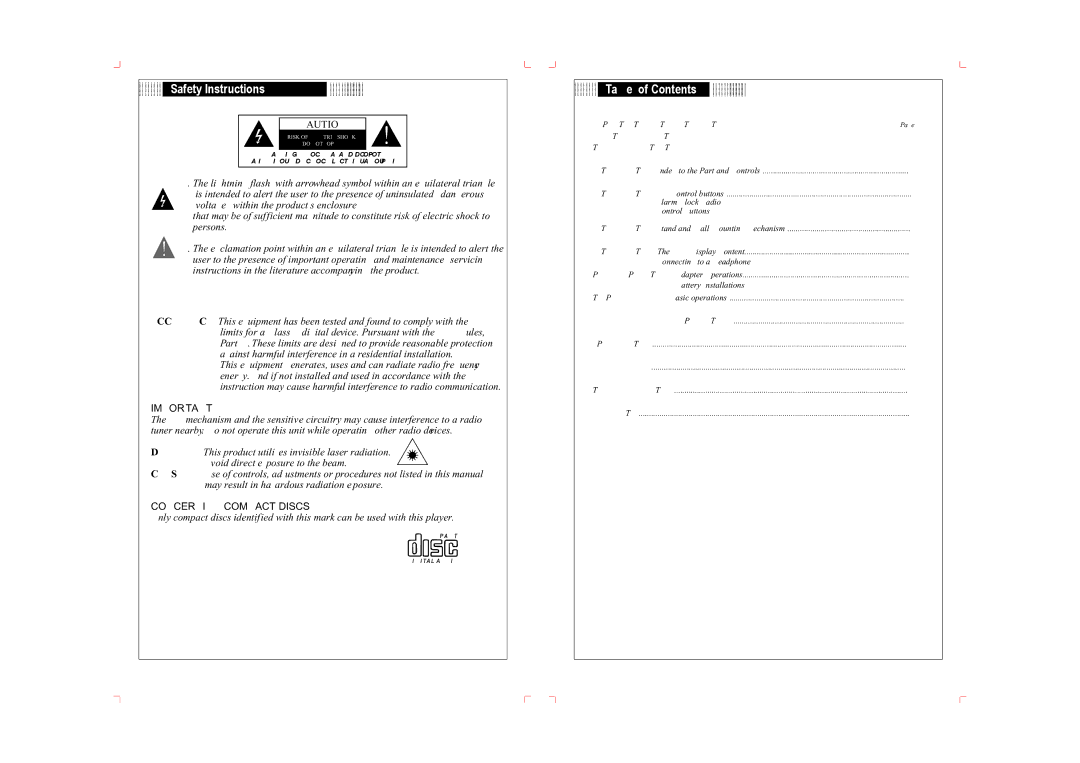 COBY electronic CD-SH 287 important safety instructions Safety Instructions, Table of Contents 