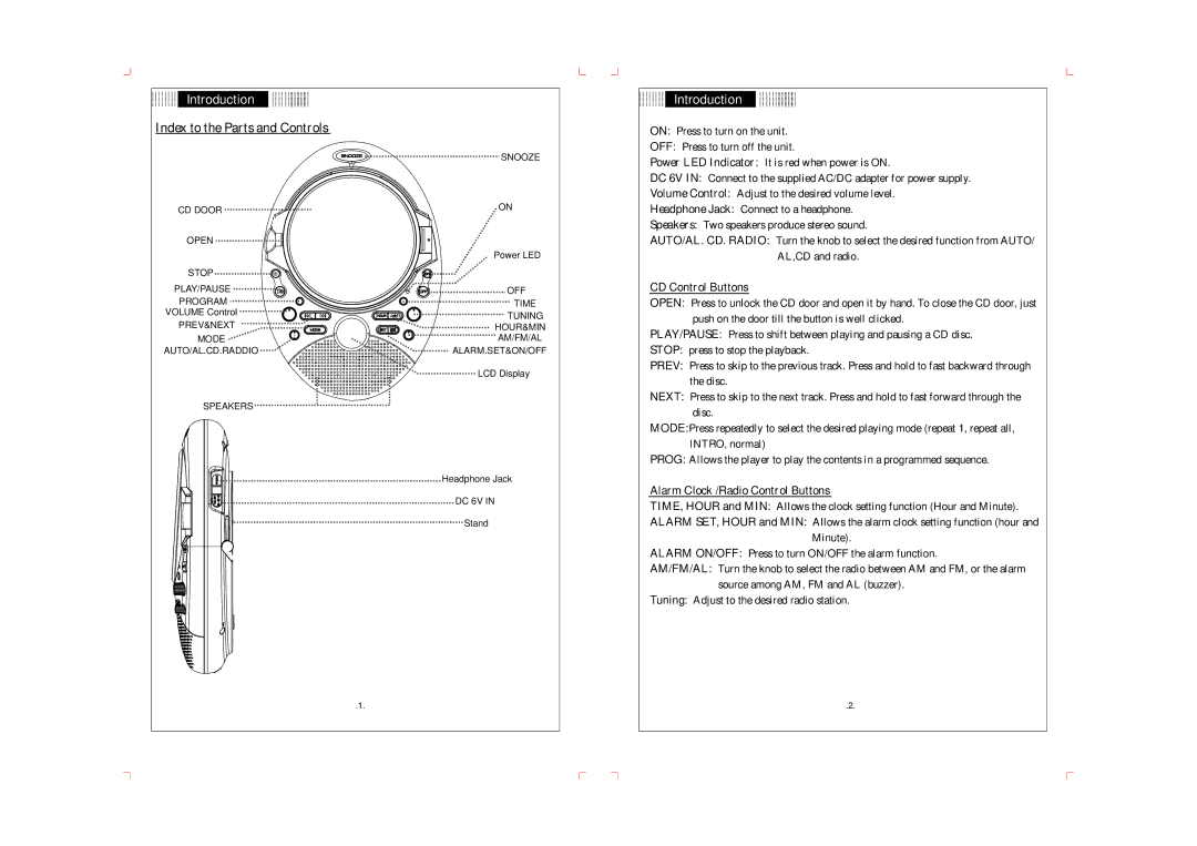 COBY electronic CD-SH 287 important safety instructions Introduction, Index to the Parts and Controls, CD Control Buttons 