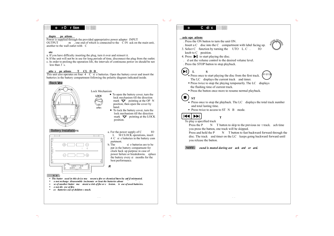 COBY electronic CD-SH 287 important safety instructions Power Operations, To play a CD disc, Play/Pause, Stop, Prev/Next 