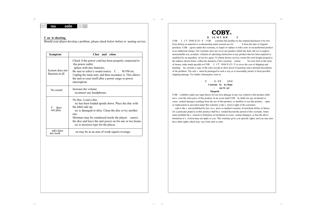 COBY electronic CD-SH 287 important safety instructions Trouble shooting, Symptom, Check and Action 