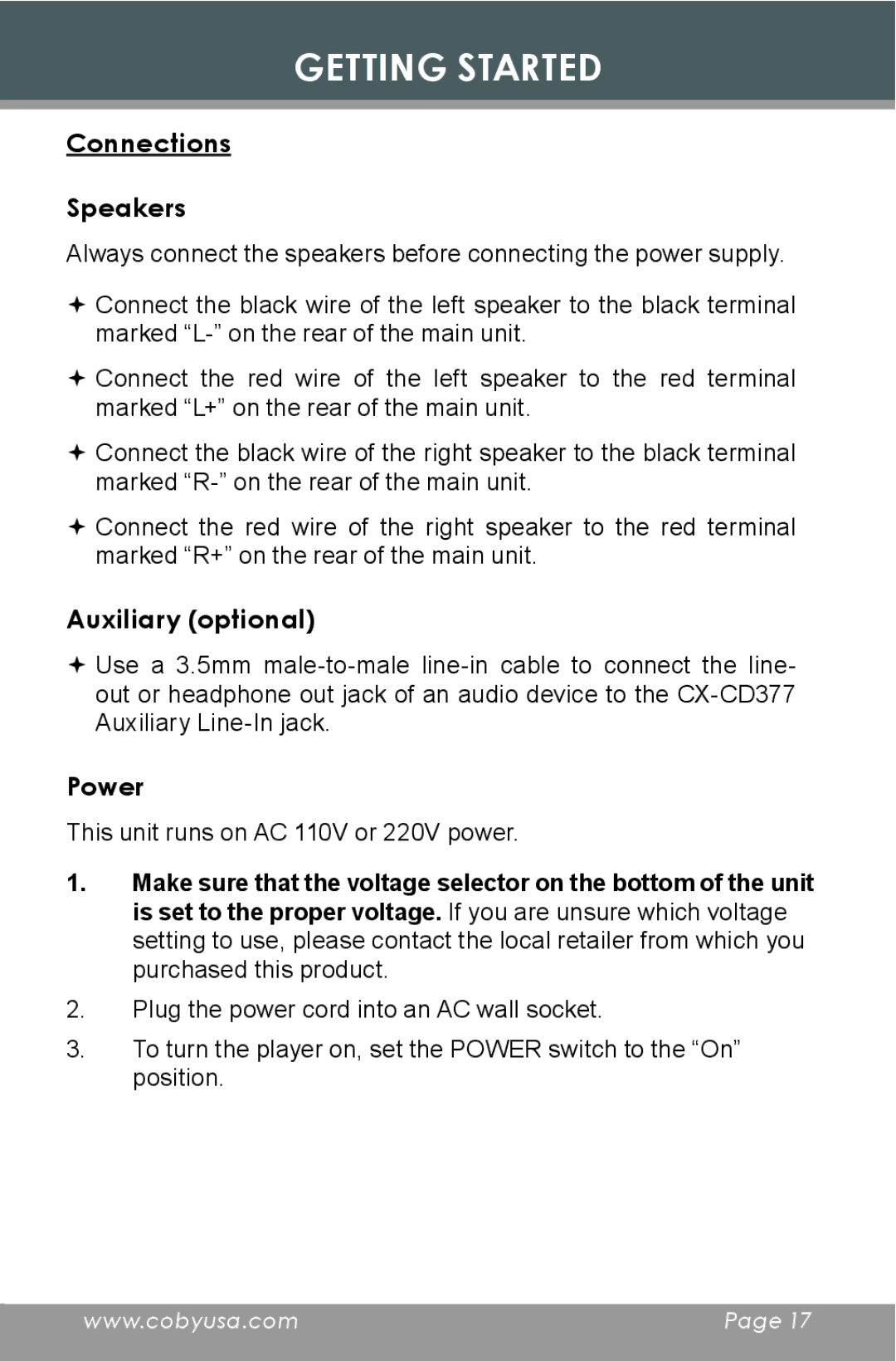 COBY electronic CD377 instruction manual Connections Speakers, Auxiliary optional, Power 