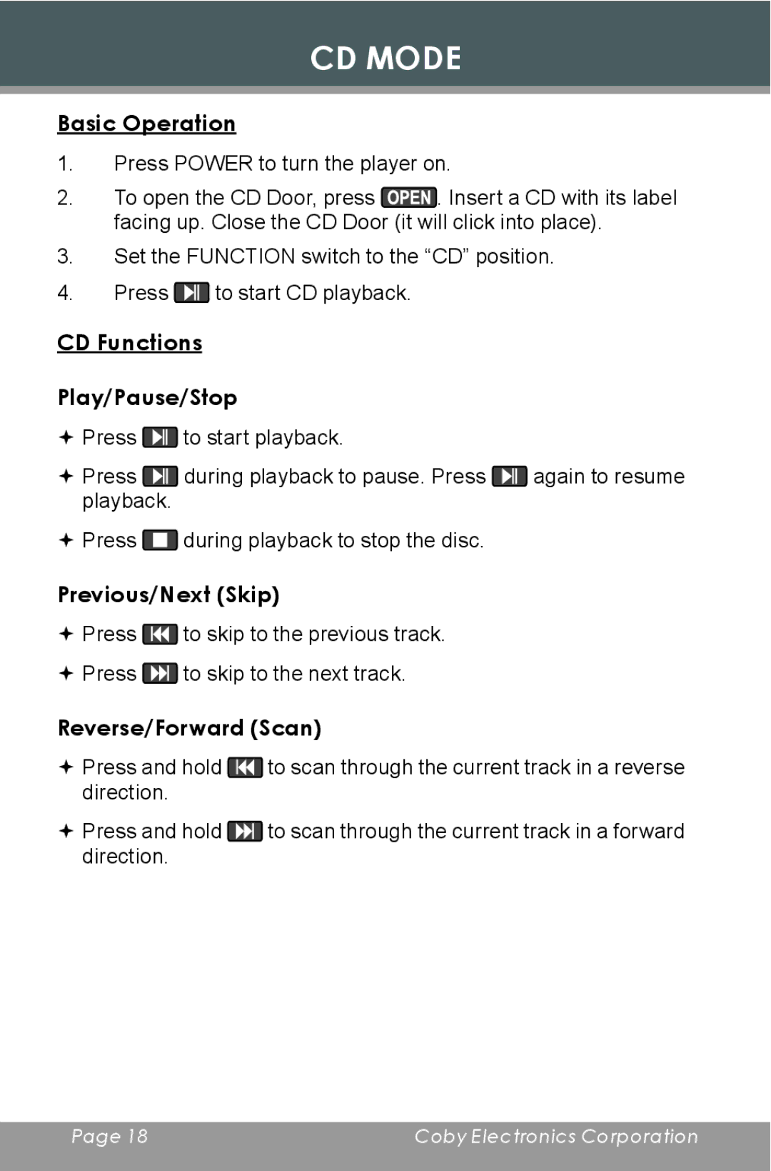 COBY electronic CD377 CD Mode, Basic Operation, CD Functions Play/Pause/Stop, Previous/Next Skip, Reverse/Forward Scan 