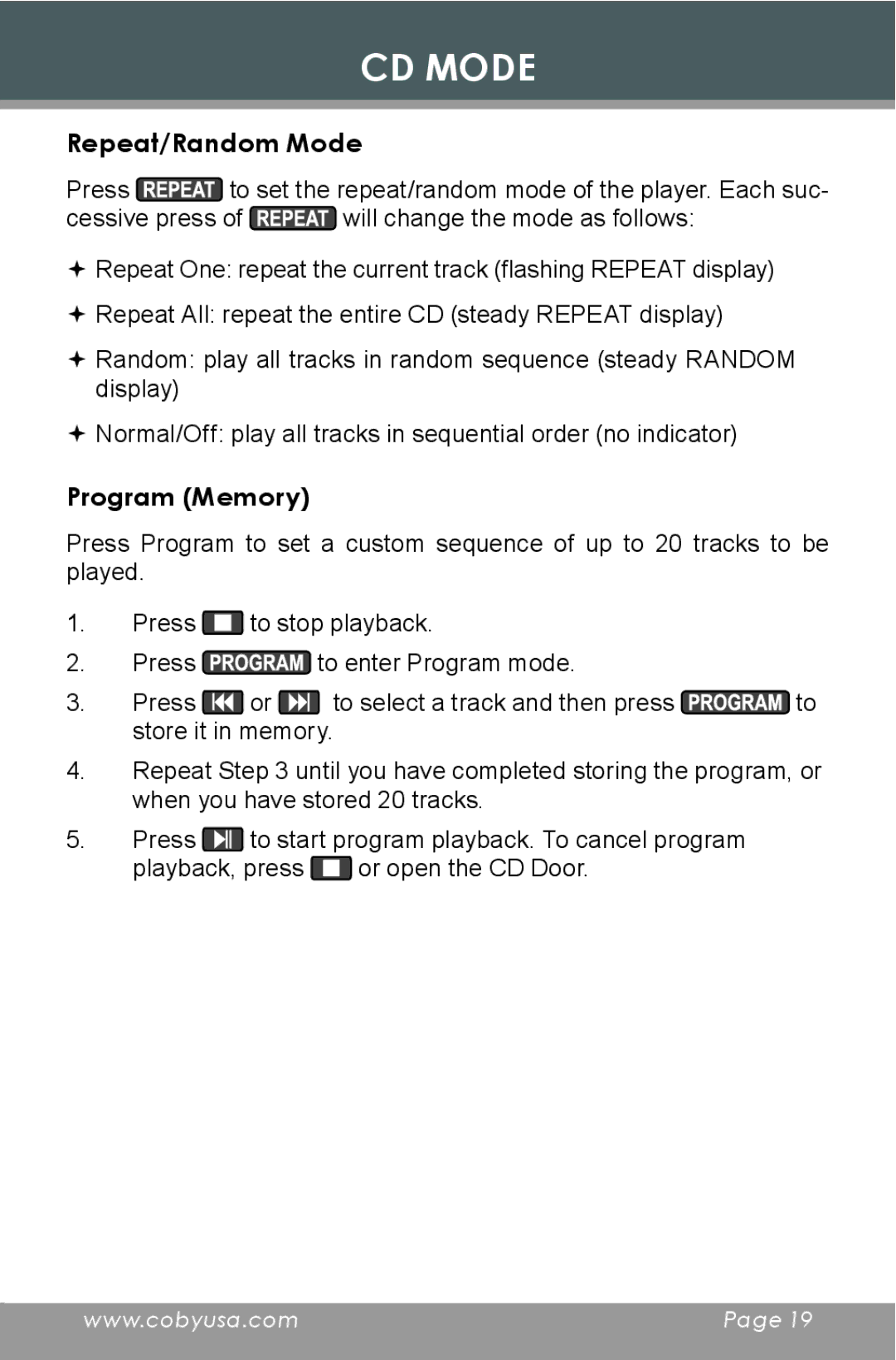 COBY electronic CD377 instruction manual Repeat/Random Mode, Program Memory 