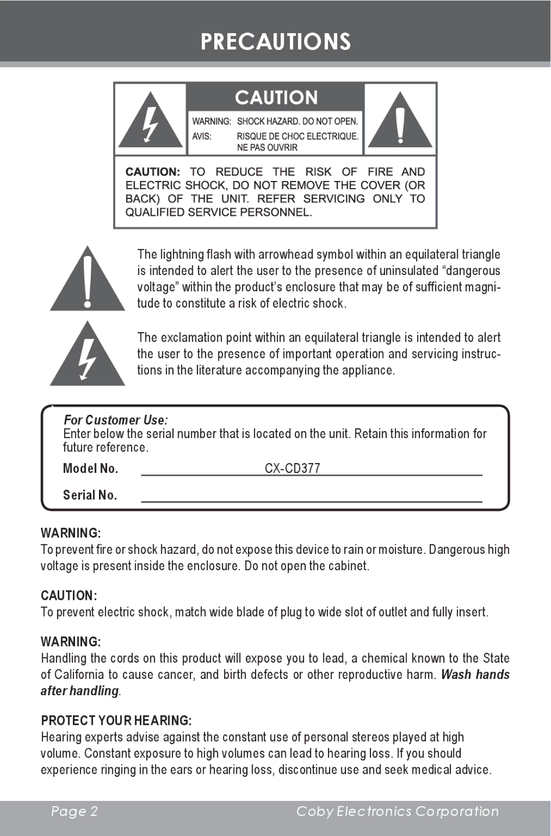 COBY electronic CD377 instruction manual Precautions, For Customer Use 