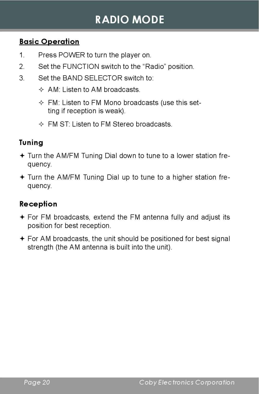 COBY electronic CD377 instruction manual Radio Mode, Tuning, Reception 