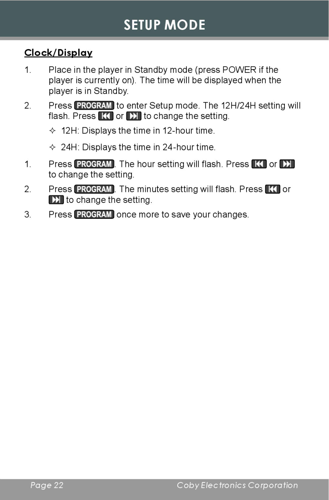 COBY electronic CD377 instruction manual Setup Mode, Clock/Display 