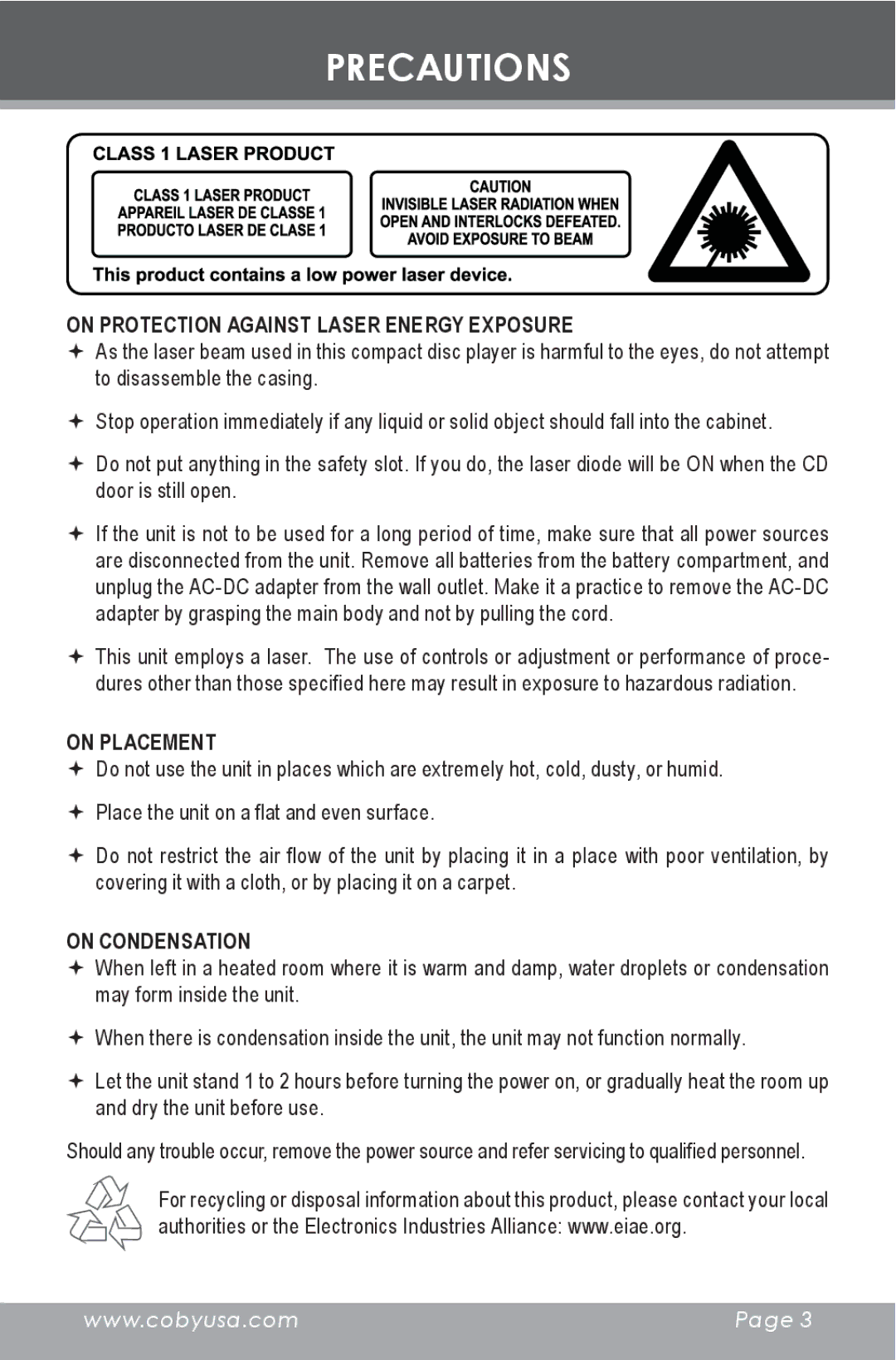 COBY electronic CD377 instruction manual On Protection Against Laser Energy Exposure 