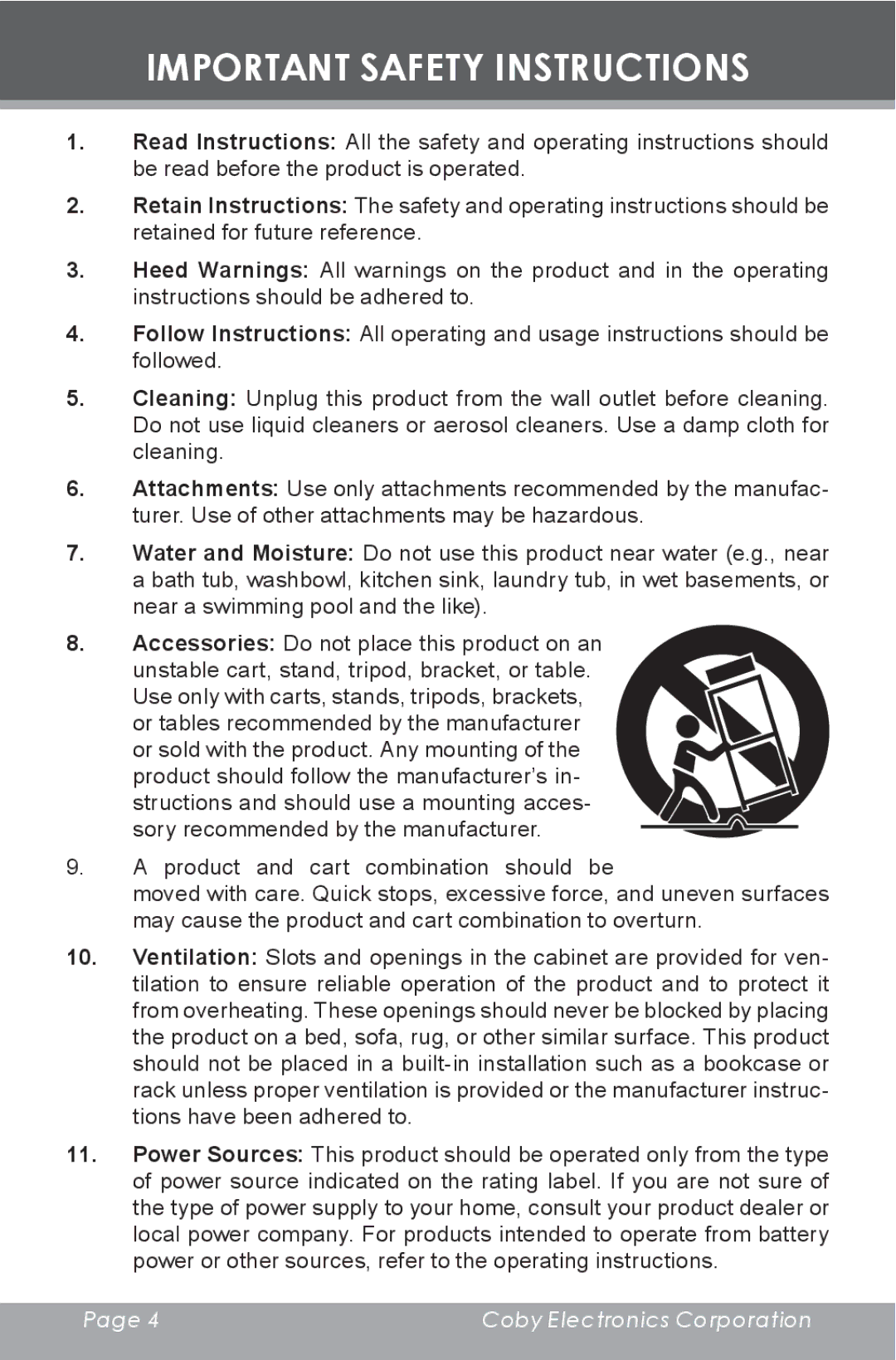 COBY electronic CD377 instruction manual Important Safety Instructions 