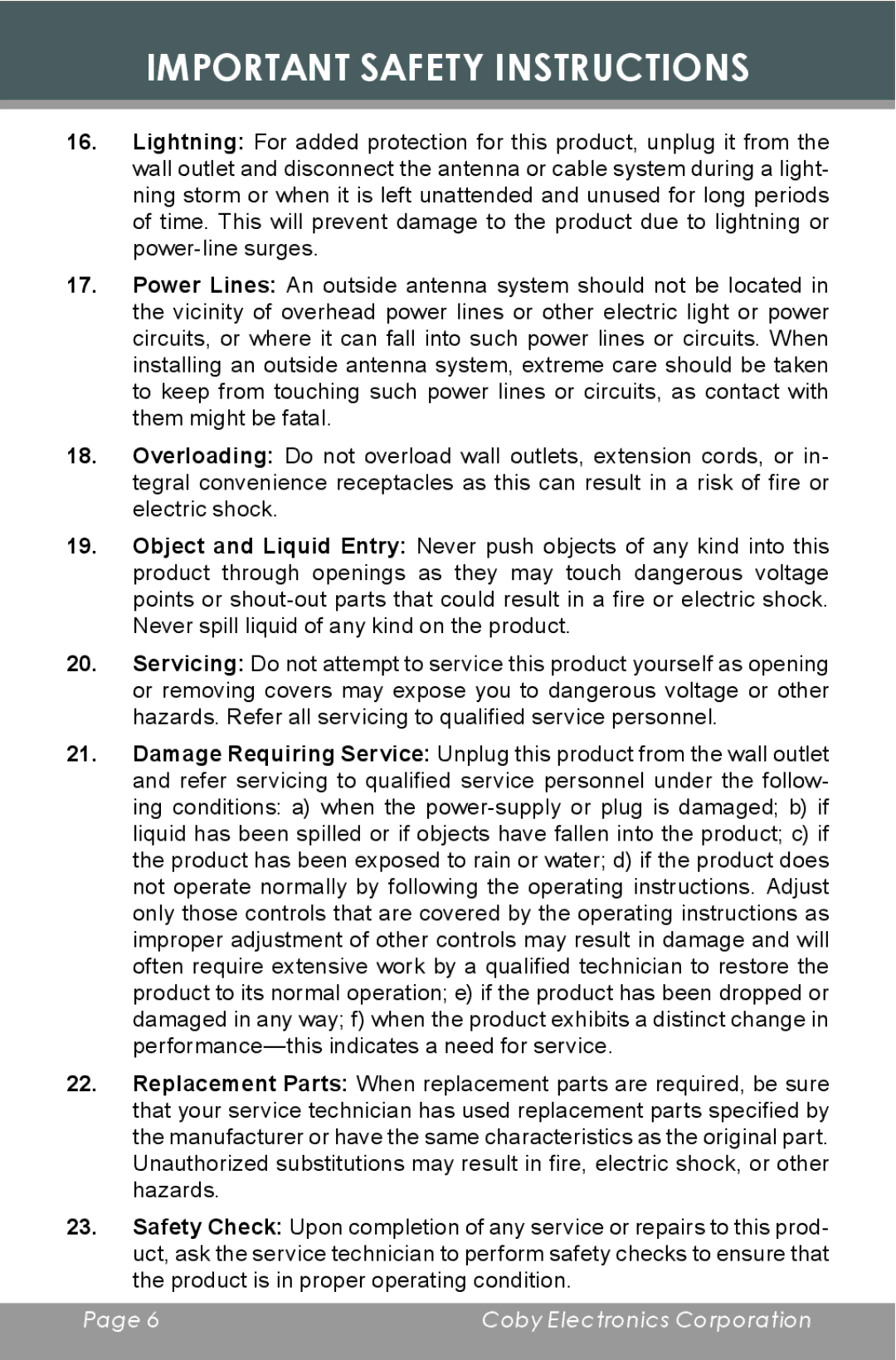 COBY electronic CD377 instruction manual Important Safety Instructions 