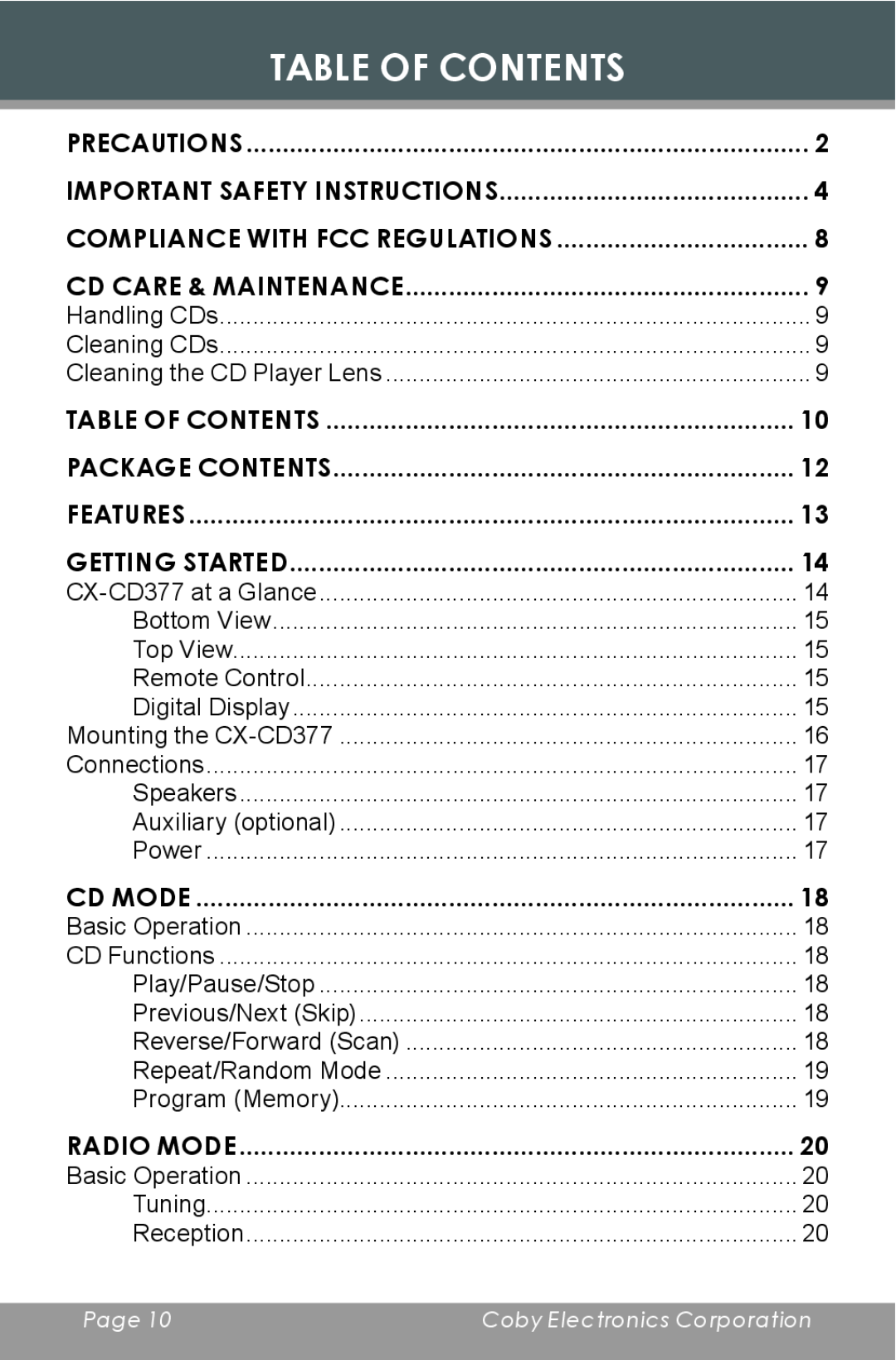 COBY electronic CD377 instruction manual Table Of Contents 