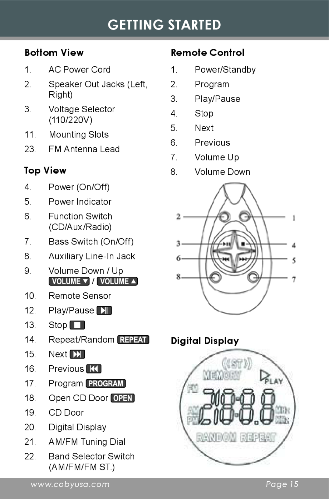 COBY electronic CD377 instruction manual Bottom View, Top View, Remote Control, Digital Display, Getting Started 