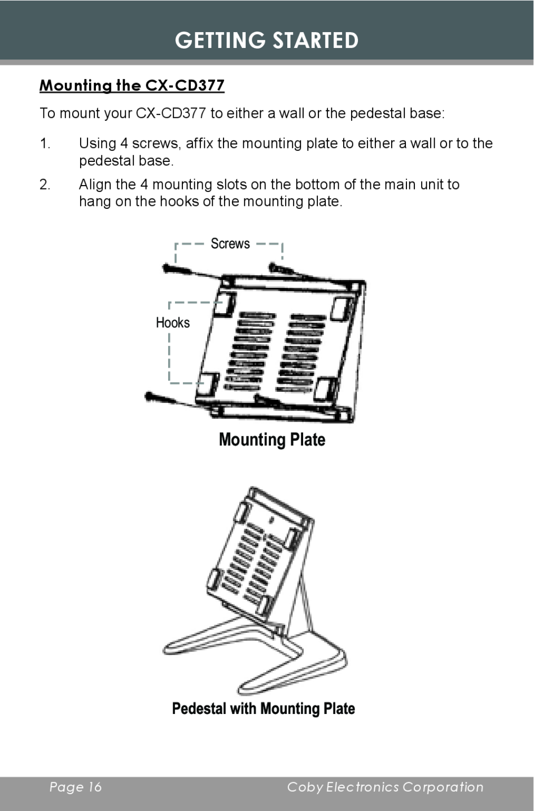 COBY electronic instruction manual Mounting the CX-CD377, Getting Started, Mounting Plate 